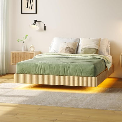 Tatub Natural Full Floating Bed Frame with LED Lights, Modern Fluted Oak Platform Bed Frame Floating, Heavy Duty Metal Slats, No Box Spring Required