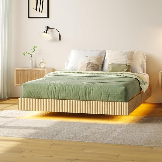 Tatub Natural Full Floating Bed Frame with LED Lights, Modern Fluted Oak Platform Bed Frame Floating, Heavy Duty Metal Slats, No Box Spring Required