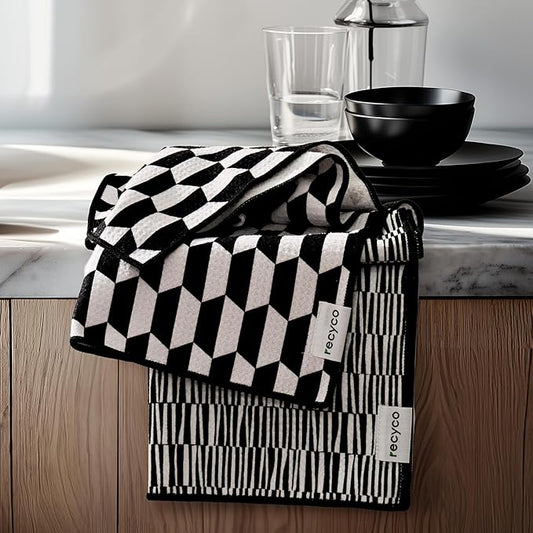 RECYCO Waffle Kitchen Towels Set of 2 Quick Dry Microfiber Sustainable Lightweight Hand Towels Black White Florals 16x28
