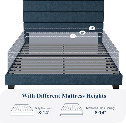 Allewie Queen Size Platform Bed Frame with Fabric Upholstered Headboard and Wooden Slats Support, Fully Upholstered Mattress Foundation/No Box Spring Needed/Easy Assembly, Navy Blue