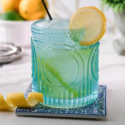 Kate Aspen Ribbed Retro Arch Floral Aqua Blue Drinking Glasses Set of 6, (10 oz) Vintage Glassware Set Cocktail Glass Set, Juice Glass, Water Cups | Great Hostess Gift & Gift for New Home Owners