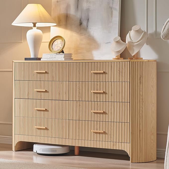 Fluted 8 Drawer Dresser for Bedroom with Curved Profile Design,53.9" W Wide Chest of Drawers with Reeded Front Panels,Wide Storage Cabinet with Smooth-Glide Drawers for Living Room,Natural Oak