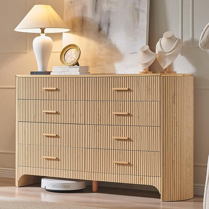 Fluted 8 Drawer Dresser for Bedroom with Curved Profile Design,53.9" W Wide Chest of Drawers with Reeded Front Panels,Wide Storage Cabinet with Smooth-Glide Drawers for Living Room,Natural Oak