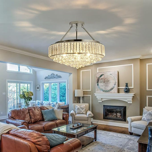 YYJLX 6 Light Modern Large Round Crystal Chandelier Chrome Semi Flush Mount Ceiling Light Fixtures E26 Ceiling Lamp for Dining Room Living Room Laundry Room Foyer Kitchen Balcony Bedroom(Silver)