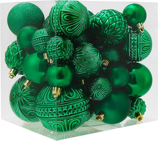 Christmas Ball Ornaments Green Christmas Tree Decorations with Hang Rope-36pcs Shatterproof Christmas Ornaments Set with 6 Styles in 3 Sizes(Small Medium Large)