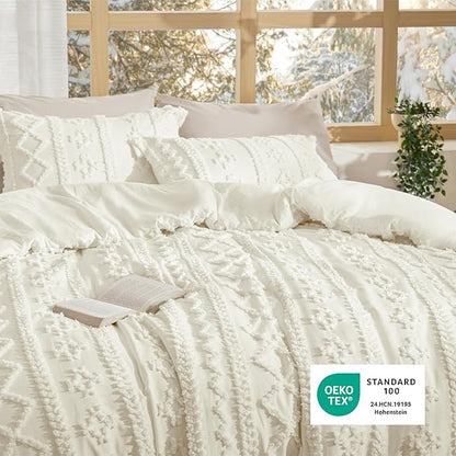 Bedsure Tufted Boho Comforter Set King Size - Ivory Boho Bed Set, GentleSoft™ 3 Pieces Farmhouse Shabby Chic Embroidery Bedding, Gifts for Woman, Soft Jacquard King Comforter for All Seasons