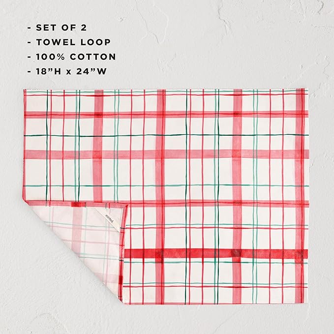 Minted Plaid Tea Towels Cotton Kitchen Towels Decorative with Hanging Loop Set of 2 18x28