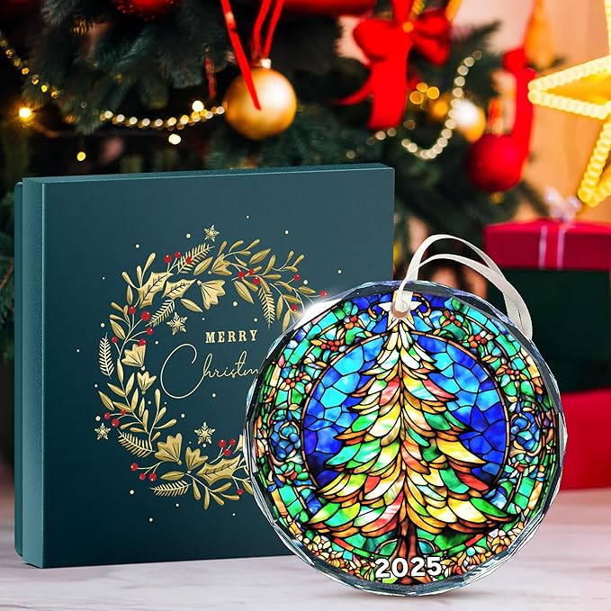 Unique 2025 Christmas Ornament - Stained Glass-Inspired Christmas Ornament for Holiday Décor, Dated Christmas Ornaments for Family and Friends, Premium Holiday Keepsake Gift