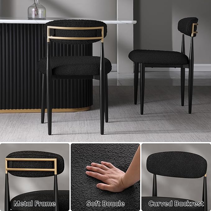 Morden Fort Black Dining Chairs Set of 2, Boucle Chairs with Curved Backrest and Straight Metal Legs for Dining Room, Kitchen, Living Room, Apartment