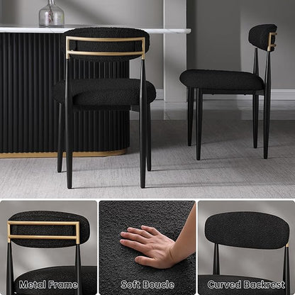 Morden Fort Black Dining Chairs Set of 2, Boucle Chairs with Curved Backrest and Straight Metal Legs for Dining Room, Kitchen, Living Room, Apartment