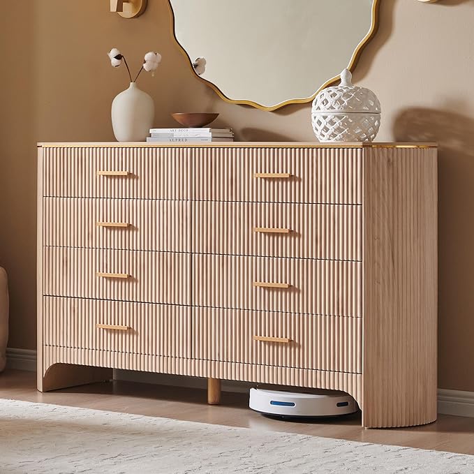 Fluted 8 Drawer Dresser for Bedroom with Curved Profile Design,53.9" W Wide Chest of Drawers with Reeded Front Panels,Wide Storage Cabinet with Smooth-Glide Drawers for Living Room,Light Oak