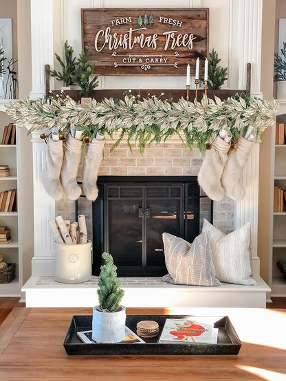 Hollyone 3 Pcs 7.5FT Christmas Garland Champagne Gold Glittered Artificial Magnolia Leaves for Mantle Christmas Tree Decorations Indoor Outdoor Hanging Garland Ornaments Door Wall Window Home Decor