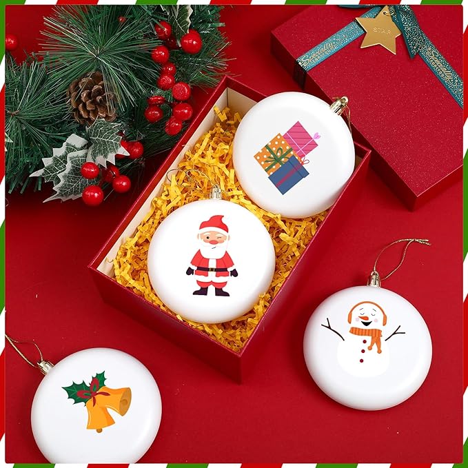 Syhood 24 Pcs 4'' DIY Christmas Blank White Ball Ornaments Set Plastic Matte Flat Discs Ornaments DIY Xmas Tree Decoration with Acrylic Paint Markers Gems Stickers for Crafts Party Decor