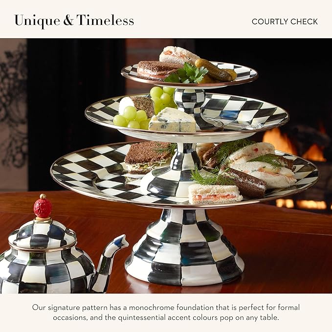 MACKENZIE-CHILDS Enamel Pedestal Serving Platter, Decorative Serving Dish for Food, Small, Black-and-White Courtly Check