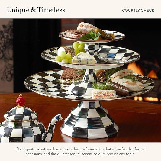 MACKENZIE-CHILDS Enamel Pedestal Serving Platter, Decorative Serving Dish for Food, Small, Black-and-White Courtly Check