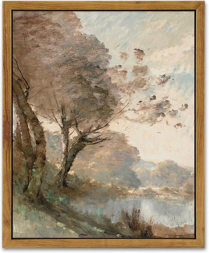 KBKBART Framed Canvas Wall Art Vintage Southwest Decor, Retro Neutral Landscape Riverside Botanical Art Prints Painting, Rustic Farmhouse Wall Decor Ready To Hang for Bedroom, Bathroom, Living Room,