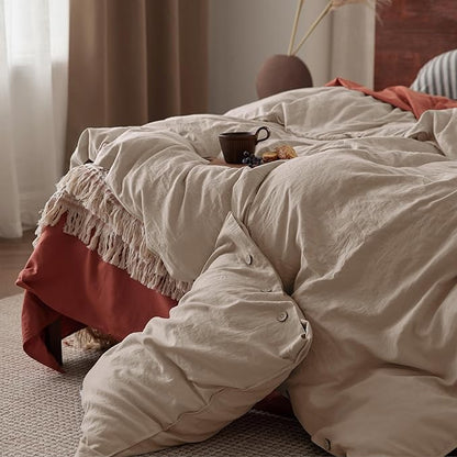 Bedsure Linen Duvet Cover Queen Size - Linen Cotton Blend Bedding Set, Soft & Cozy, 3 Pieces, 1 Duvet Cover 90x90 Inches and 2 Pillowcases, Taupe Color Cooling Bedding, Comforter Sold Separately