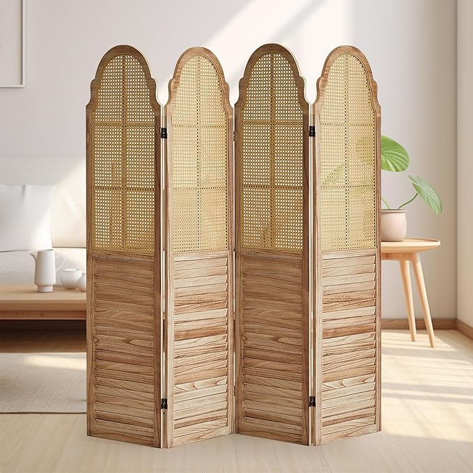 4 Panels Room Divider Wall, Rustic Rattan Room Divider, Wood Folding Privacy Screen, Foldable Wood Divider Wall, Portable Partition Screen, Wall Divider for Room Separation (Natural)