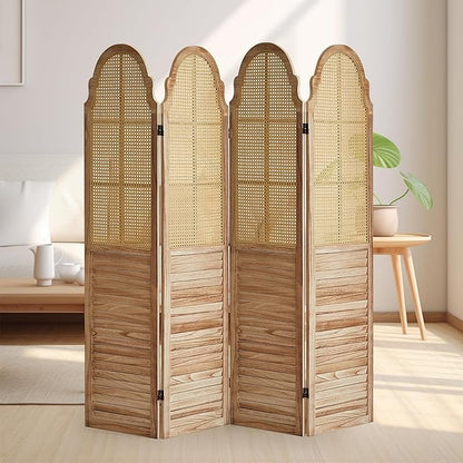 4 Panels Room Divider Wall, Rustic Rattan Room Divider, Wood Folding Privacy Screen, Foldable Wood Divider Wall, Portable Partition Screen, Wall Divider for Room Separation (Natural)