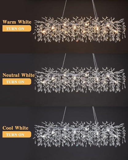 Modern Tree Branch Chandelier, 16 Lights Rectangular 59" Crystal Silver Chandeliers Height Adjustable for Kitchen Island Dining Room Living Room