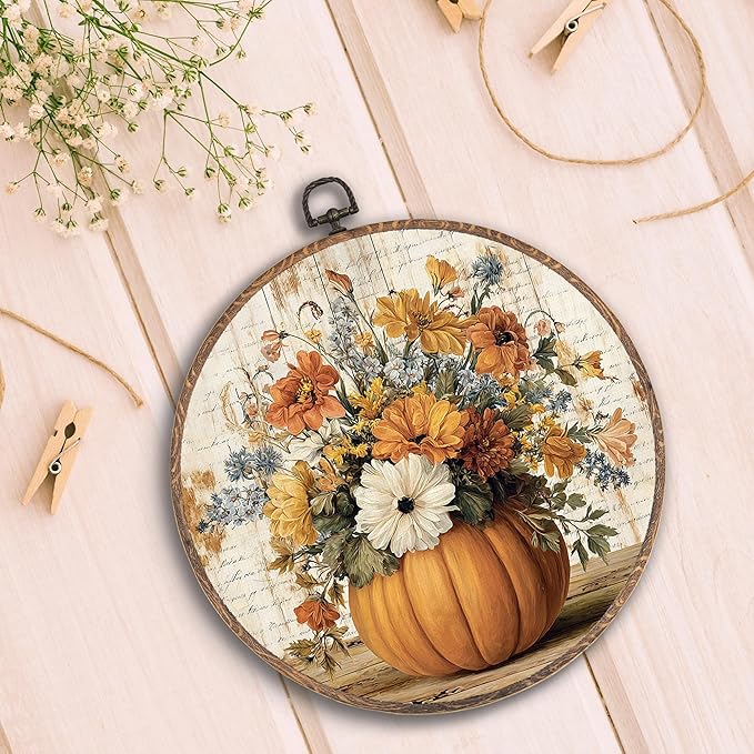 Hxlac Vintage Fall Pumpkin Floral Round Wall Art Framed, Farmhouse Fall Round Wall Decor, Vintage Flower Halloween Pumpkin Hanging Canvas Prints Wall Sculptures for Home Room Decor, 10x10 Inch
