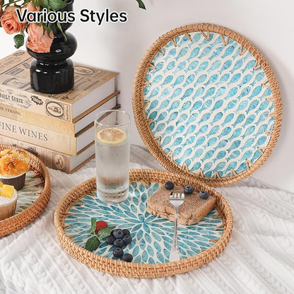 Round Rattan Tray with Mother of Pearl Inlay, Rattan Serving Tray for Coffee, Bread, Fruits, Decorative Wicker Tray for Table Decor, Home Decor, Kitchen Island Decor (Turquoise Leaf, 11.8")