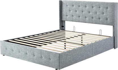 Allewie Queen Size Lift Up Storage Bed, Button Tufted Headboard with Wingback, Hydraulic Support, No Box Spring Needed, Grey Blue