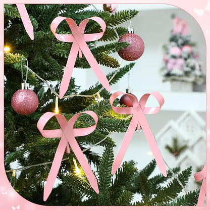 12 Pcs 2025 Metal Christmas Bow Ornaments for Christmas Tree Garland Wreath Bulk Bow with Clip Ornament Vintage Indoor Outdoor Home Xmas Party Decorations, 4 x 5 Inches (Pink)