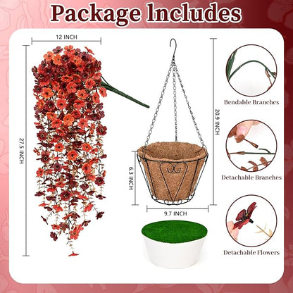 Yastouay 2 Pack Artificial Fall Hanging for Outdoors, Fake Hanging Plants Artificial Decor, Silk Orange Fake Mums Fall Flowers Artificial for Decoration Porch Front Door Yard Fall Decor