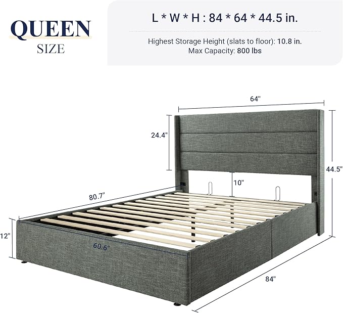 Allewie Queen Size Lift Up Storage Bed, Modern Wingback Headboard, Hydraulic Support, No Box Spring Needed, Dark Grey