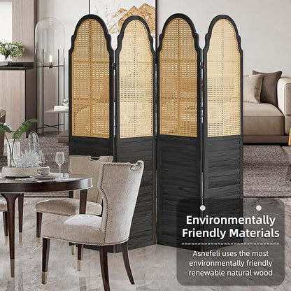 4 Panel Wood Room Divider, Folding Privacy Screen, Rattan Room Divider Wall, Foldable Wood Divider Wall, Portable Partition Screen Room Deco Divider for Room Separation Bedroom Garden (Black)