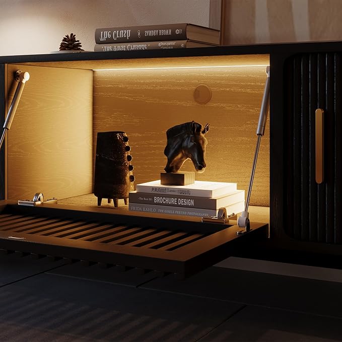 POVISON Sliding Tambour Door TV Stand with LED Lights, Mid Century Modern TV Console, Wood Media Console, Entertainment Center with Storage Cabinet, Fully-Assembled (Black, 78.74")