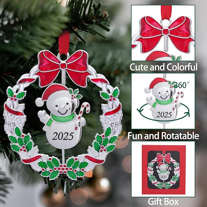 Christmas Ornaments, Metal Christmas Tree Ornaments Dated 2025 Silver Rotatable Funny Christmas Ornaments Decorative Keepsake Snowman Decoration
