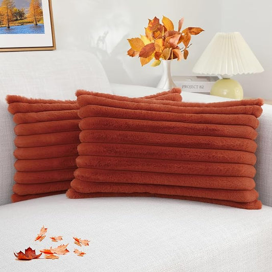 decorUhome Faux Fur Fall Throw Pillow Covers 12x20 Set of 2, Decorative Soft Plush Striped Lumbar Neutral Euro Pillow Covers with Velvet Back for Bed, Living Room Home Decor, Rust