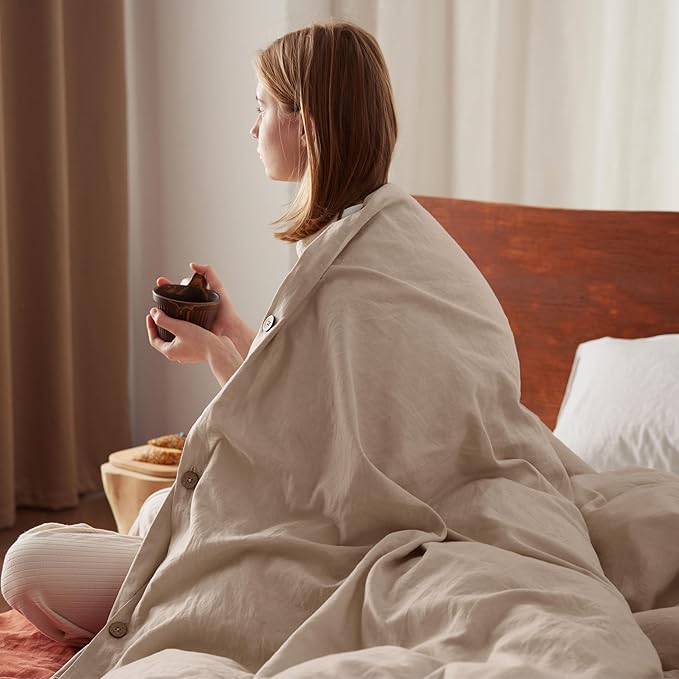 Bedsure Linen Duvet Cover Queen Size - Linen Cotton Blend Bedding Set, Soft & Cozy, 3 Pieces, 1 Duvet Cover 90x90 Inches and 2 Pillowcases, Taupe Color Cooling Bedding, Comforter Sold Separately