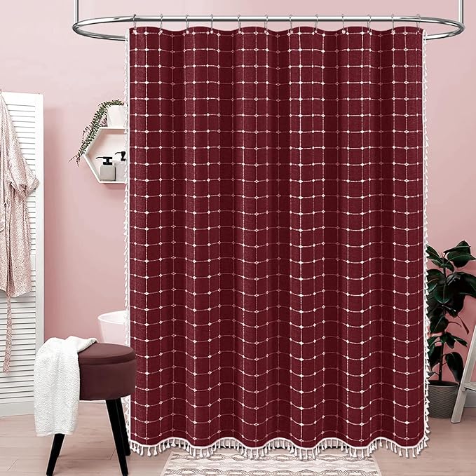 BTTN 78 Inch Long Shower Curtain - Boho Farmhouse Linen Ultra Thick Fabric Shower Curtain Set with Plastic Hooks, Tall Rustic Country Weighted Cloth Shower Curtains for Bathroom - Burgundy - 72x78