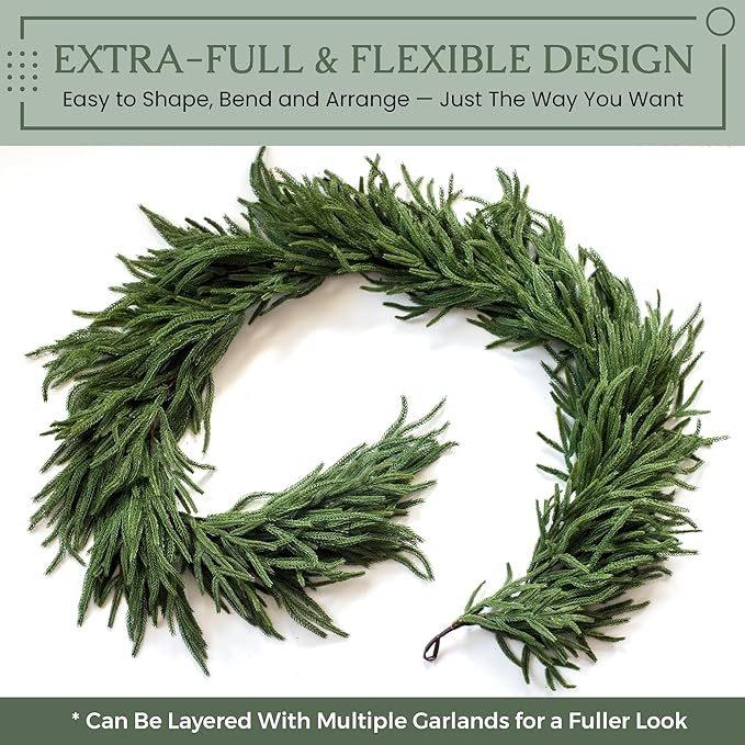 Extra Full 9 ft Real Touch Norfolk Pine Garland Realistic 9ft, Christmas Garland for Mantle, Soft and Bendable Real Touch Garland Christmas Greenery, Evergreen Christmas Garlands for Fireplace, Stairs