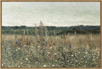 KBKBART Framed Canvas Print Wall Art, Vintage Wall art Wildflower Field Vintage Print, Neutral Country Meadow Landscape Nature Painting Rustic Farmhouse Decor, Retro Botanical Bathroom Wall Decor for