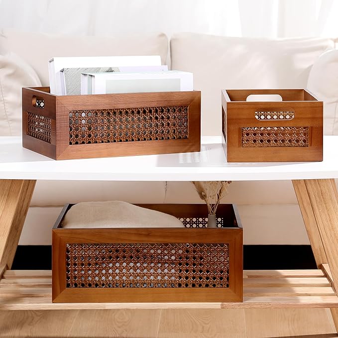 Wooden Storage Basket Set of 4 Handmade Rattan Drawer Storage Box with Frame & Handles Decorative Natural Bamboo Woven Bins Rustic Farmhouse Decor Home Office Tabletop Shelf Organizer