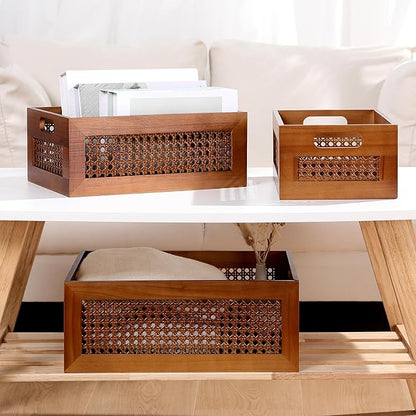 Wooden Storage Basket Set of 4 Handmade Rattan Drawer Storage Box with Frame & Handles Decorative Natural Bamboo Woven Bins Rustic Farmhouse Decor Home Office Tabletop Shelf Organizer