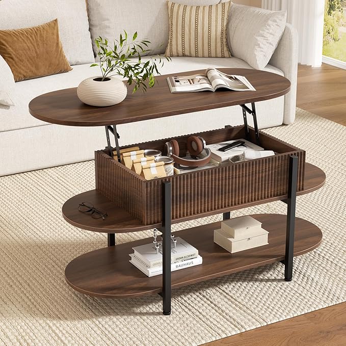 FABATO 41.7" Oval Lift Top Coffee Table, Fluted Wood Center Table with Hidden Storage, 3 Tier Oblong Tables with Curved Edge, Modern Elliptical Coffee Table for Living Room Reception Room, Walnut