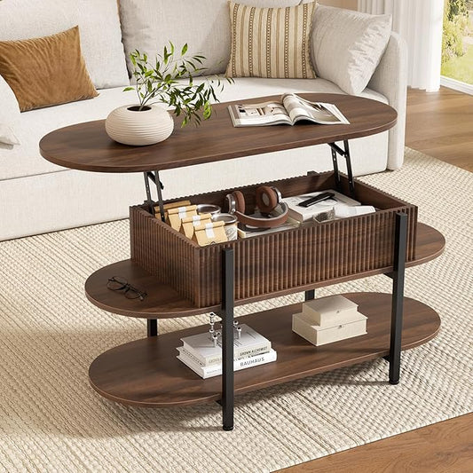 FABATO 41.7" Oval Lift Top Coffee Table, Fluted Wood Center Table with Hidden Storage, 3 Tier Oblong Tables with Curved Edge, Modern Elliptical Coffee Table for Living Room Reception Room, Walnut