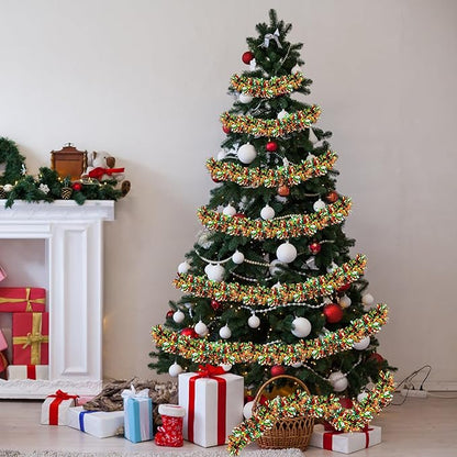 50 FT Christmas Tinsel Garland for Christmas Tree Decorations, Red Green Gold Metallic Twist Shiny Hanging Xmas Garlands for Stairs Mantle Fireplace Home Indoor Outdoor Holiday Party Suppliers Decor