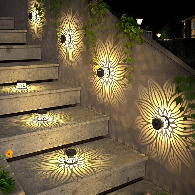 Solar Fence Lights 4 Pack Solar Deck Lamps Outdoor Decorations Powered Step Lights Wall Waterproof LED Warm Decorative Lighting for Garden (Flower, 4)