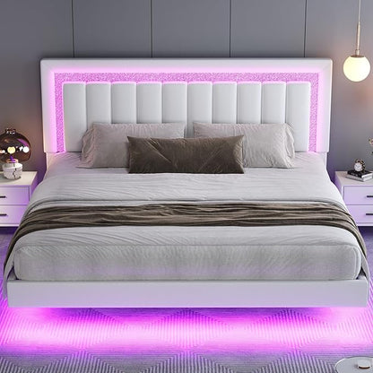 HOMBCK Floating Bed Frame King with Smart LED Lights, Faux Leather Upholstered Bed with Diamond PU Headboard, No Box Spring Needed, Noise-Free, Easy Assembly, White