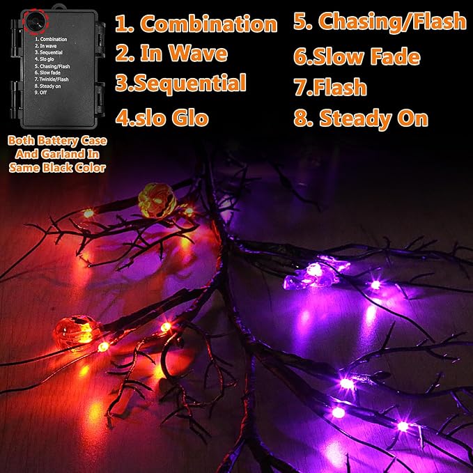 6 Ft 54 LED Halloween Willow Vine Twig Decor Garland with 8 Modes Timer 9 Pumpkins 9 Bats Waterproof Battery Operated Scary Halloween Decorations for Home Wall Mantle Fireplace Decor