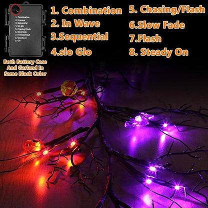 6 Ft 54 LED Halloween Willow Vine Twig Decor Garland with 8 Modes Timer 9 Pumpkins 9 Bats Waterproof Battery Operated Scary Halloween Decorations for Home Wall Mantle Fireplace Decor