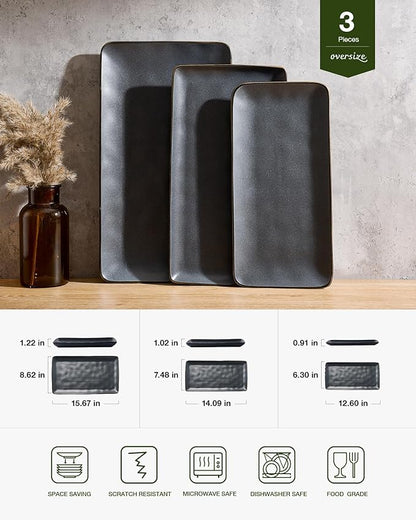 famiware Serving Platter, Rectangular 15.67/14.1/12.6inch Serving Dishes for Entertaining, Dishwasher Safe, Stoneware for Party, Food, Turkey, Snack, Cheese, Reactive Glaze, Matte Black