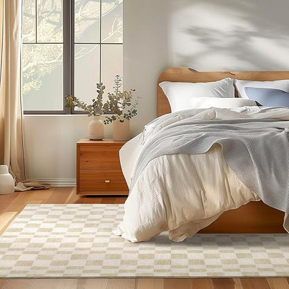 EVERGRACE Checkered Plaid Area Rug 5x7, Soft Faux Wool Rugs Washable Anti Slip Rugs Large Rug Carpet for Entryway Bedroom Living Room Hallway Kitchen Dining Room and Laundry Room, Beige
