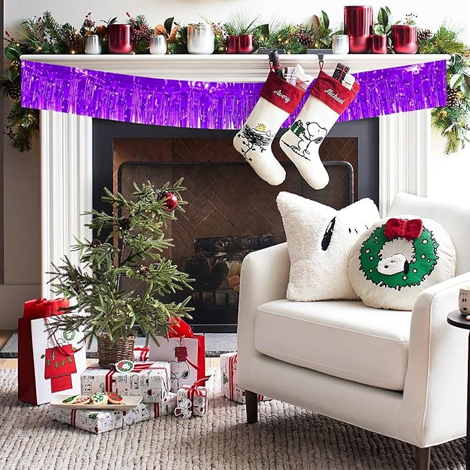 12 Pack 10 Feet Metallic Foil Fringe Garland Tinsel Streamers Banner, Purple Wall Hanging Tinsel Fringe Banners for Parade Floats, Wedding, Birthday, Christmas, New Year Party Decorations
